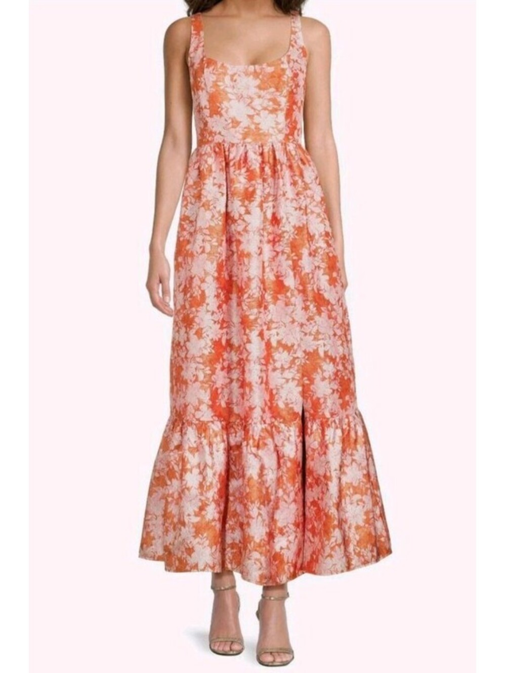 Hutch beanie Orange metallic Floral Jacquard Square Neck Strappy long Dress 4